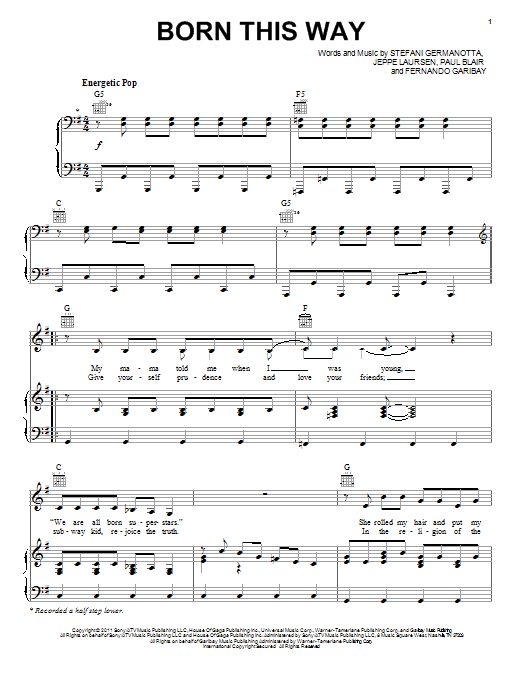 Lady Gaga Born This Way Sheet Music Notes & Chords for Piano, Vocal & Guitar - Download or Print PDF