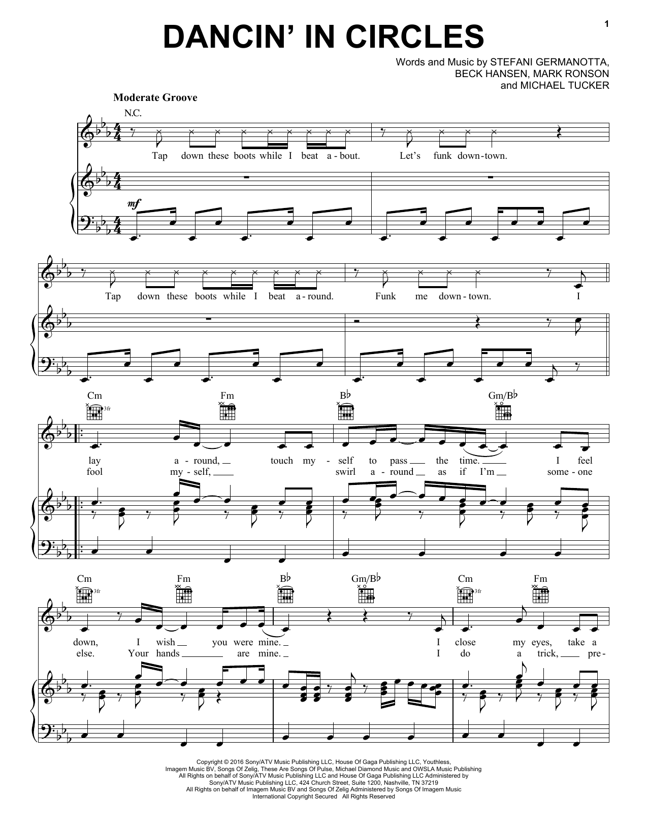 Lady Gaga Dancin' In Circles Sheet Music Notes & Chords for Piano, Vocal & Guitar (Right-Hand Melody) - Download or Print PDF