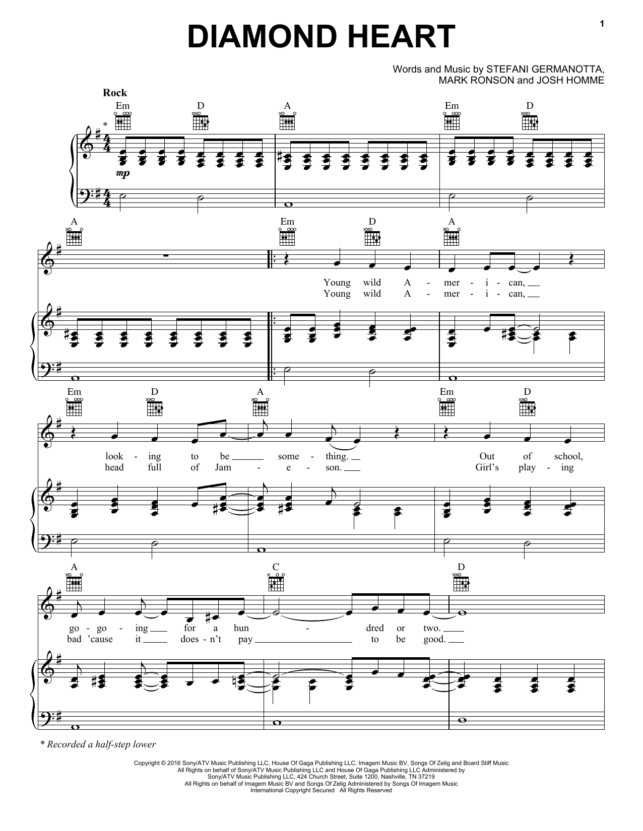 Lady Gaga Diamond Heart Sheet Music Notes & Chords for Piano, Vocal & Guitar (Right-Hand Melody) - Download or Print PDF