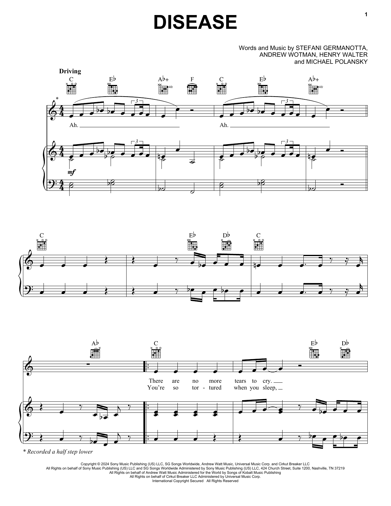 Lady Gaga Disease Sheet Music Notes & Chords for Piano, Vocal & Guitar Chords (Right-Hand Melody) - Download or Print PDF