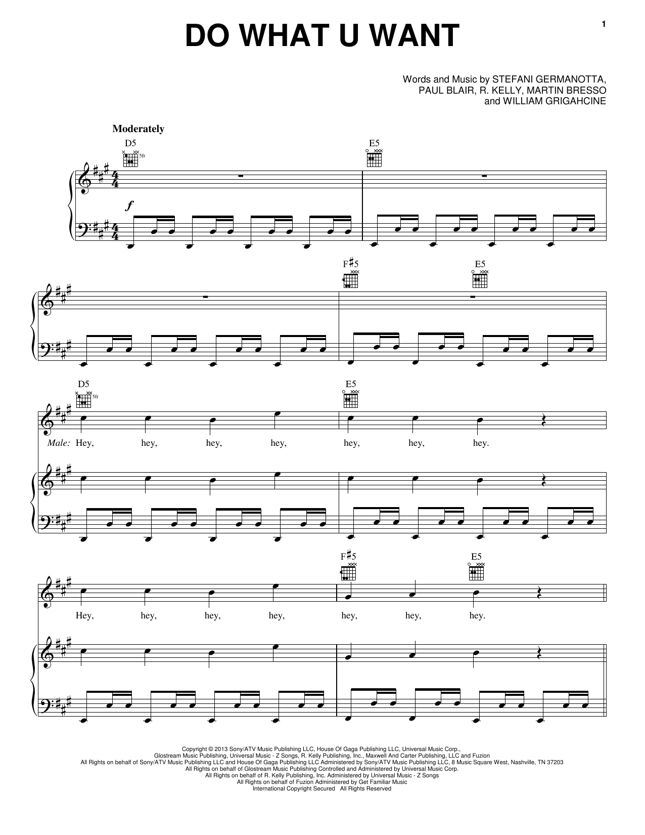Lady Gaga Do What U Want Sheet Music Notes & Chords for Piano, Vocal & Guitar (Right-Hand Melody) - Download or Print PDF