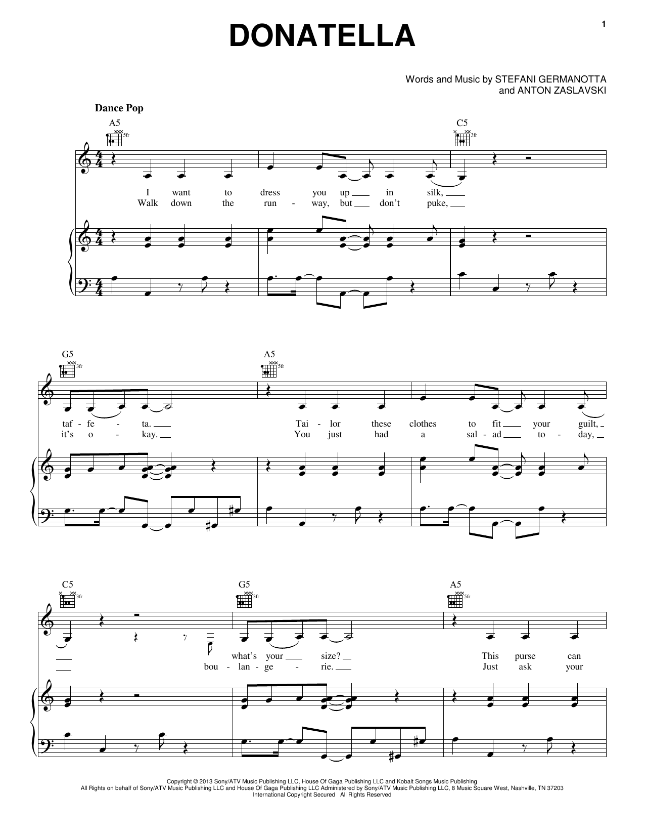 Lady Gaga Donatella Sheet Music Notes & Chords for Piano, Vocal & Guitar (Right-Hand Melody) - Download or Print PDF