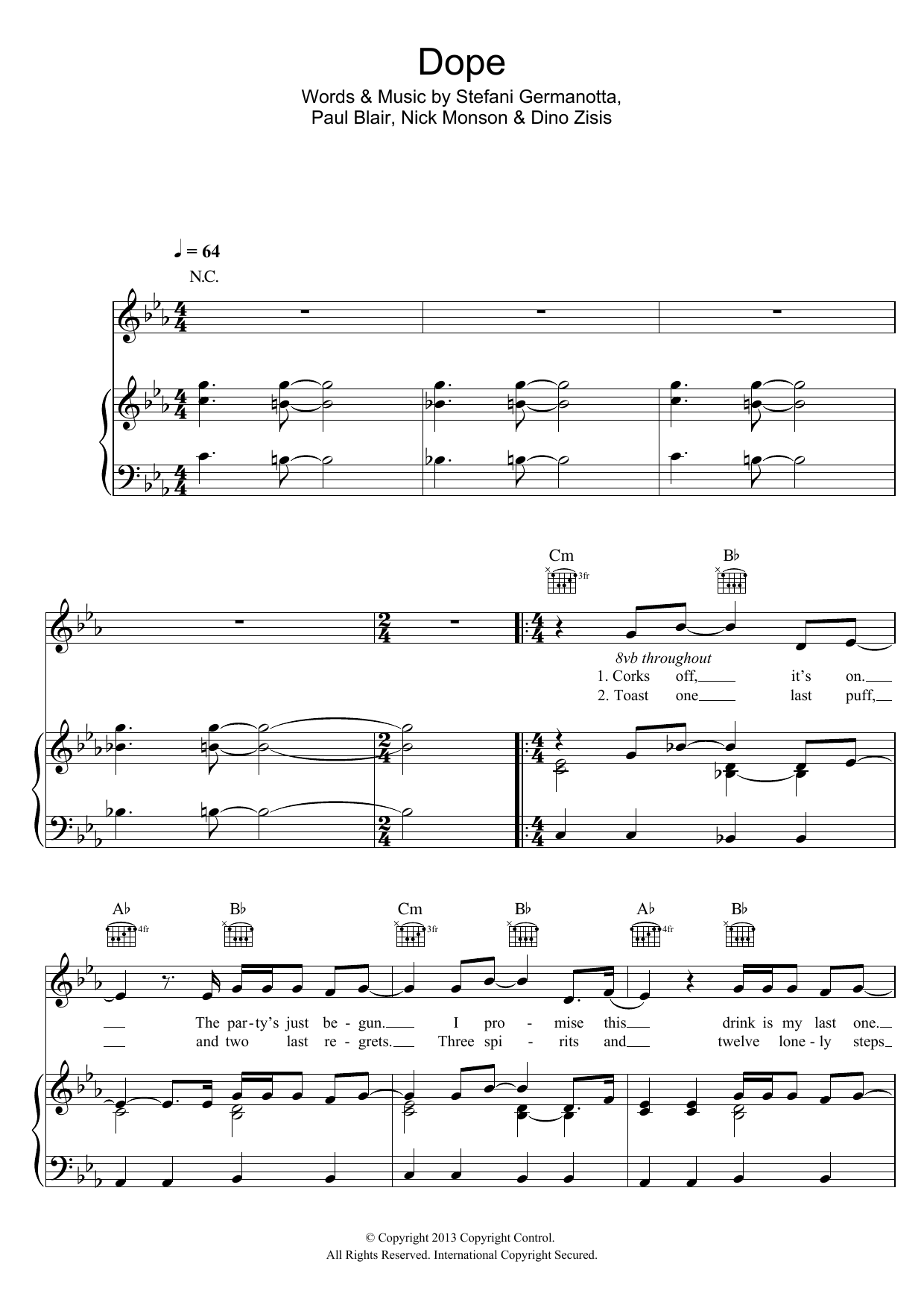Lady Gaga Dope Sheet Music Notes & Chords for Piano, Vocal & Guitar (Right-Hand Melody) - Download or Print PDF