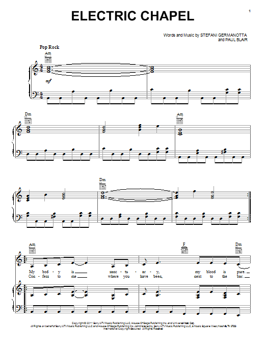 Lady Gaga Electric Chapel Sheet Music Notes & Chords for Piano, Vocal & Guitar (Right-Hand Melody) - Download or Print PDF