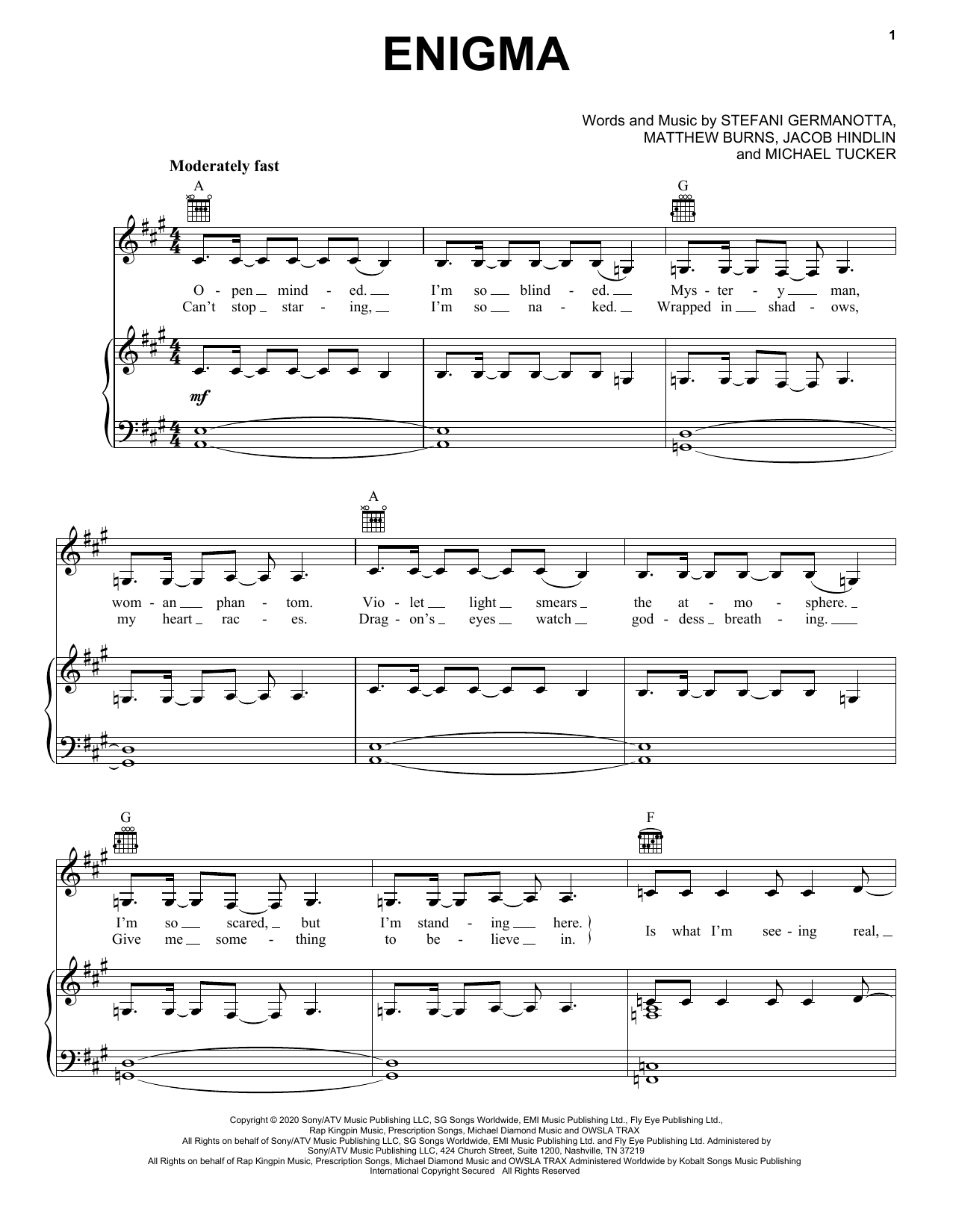 Lady Gaga Enigma Sheet Music Notes & Chords for Piano, Vocal & Guitar (Right-Hand Melody) - Download or Print PDF