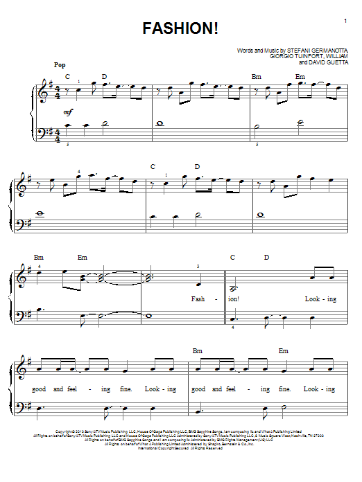 Lady Gaga Fashion! Sheet Music Notes & Chords for Piano, Vocal & Guitar (Right-Hand Melody) - Download or Print PDF