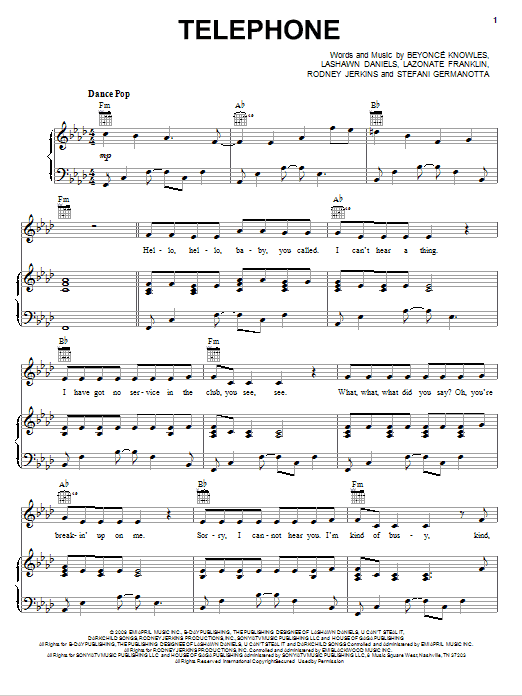 Lady Gaga Telephone (feat. Beyoncé) Sheet Music Notes & Chords for Easy Piano - Download or Print PDF