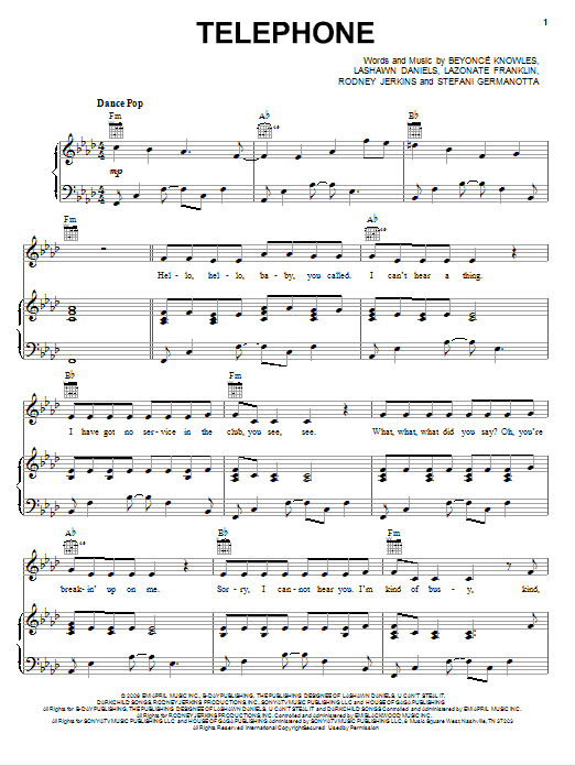 Lady Gaga featuring Beyonce Telephone Sheet Music Notes & Chords for Piano, Vocal & Guitar (Right-Hand Melody) - Download or Print PDF