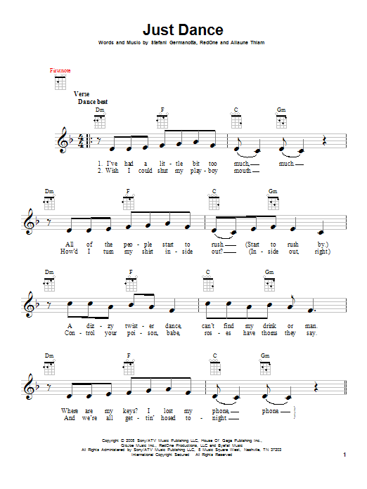 Lady GaGa featuring Colby O'Donis Just Dance Sheet Music Notes & Chords for Lyrics & Chords - Download or Print PDF