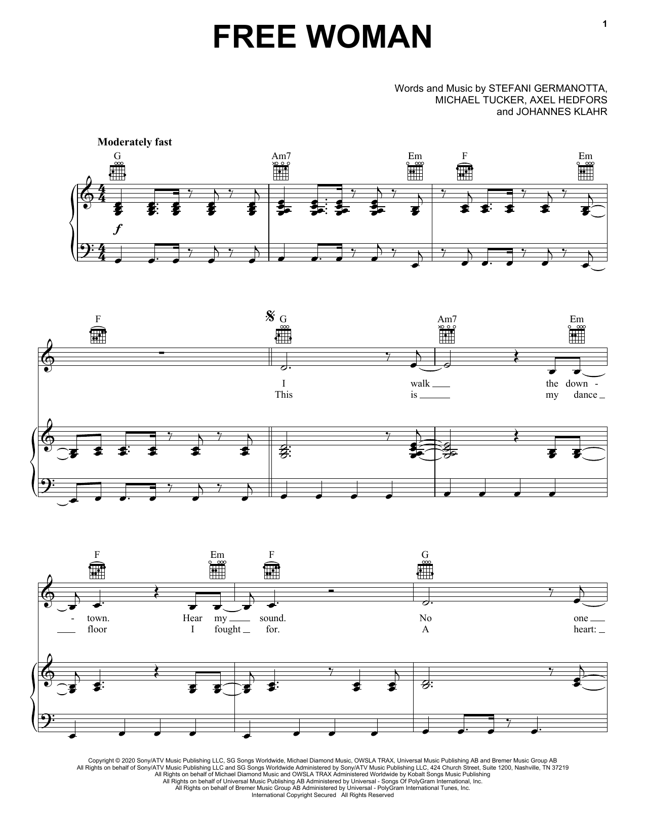 Lady Gaga Free Woman Sheet Music Notes & Chords for Piano, Vocal & Guitar (Right-Hand Melody) - Download or Print PDF