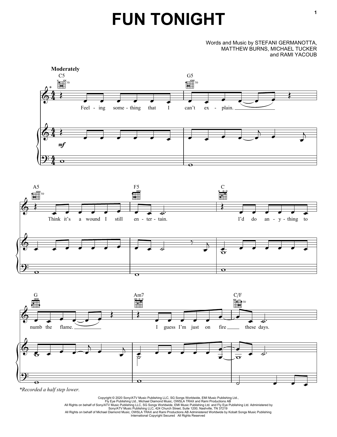 Lady Gaga Fun Tonight Sheet Music Notes & Chords for Piano, Vocal & Guitar (Right-Hand Melody) - Download or Print PDF