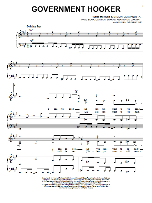 Lady Gaga Government Hooker Sheet Music Notes & Chords for Piano, Vocal & Guitar (Right-Hand Melody) - Download or Print PDF
