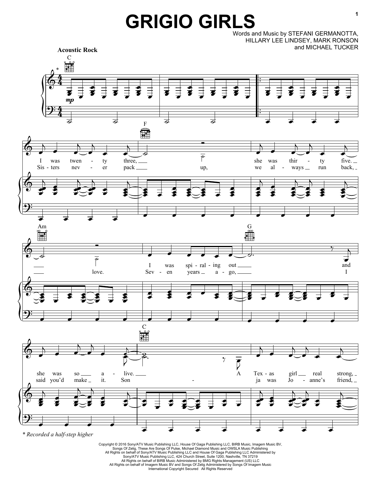 Lady Gaga Grigio Girls Sheet Music Notes & Chords for Piano, Vocal & Guitar (Right-Hand Melody) - Download or Print PDF