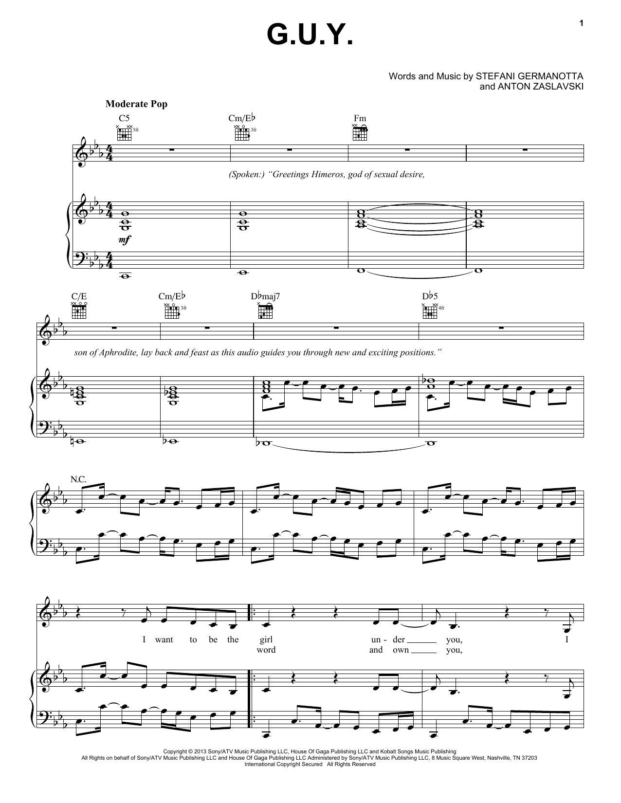 Lady Gaga G.U.Y. Sheet Music Notes & Chords for Piano, Vocal & Guitar (Right-Hand Melody) - Download or Print PDF