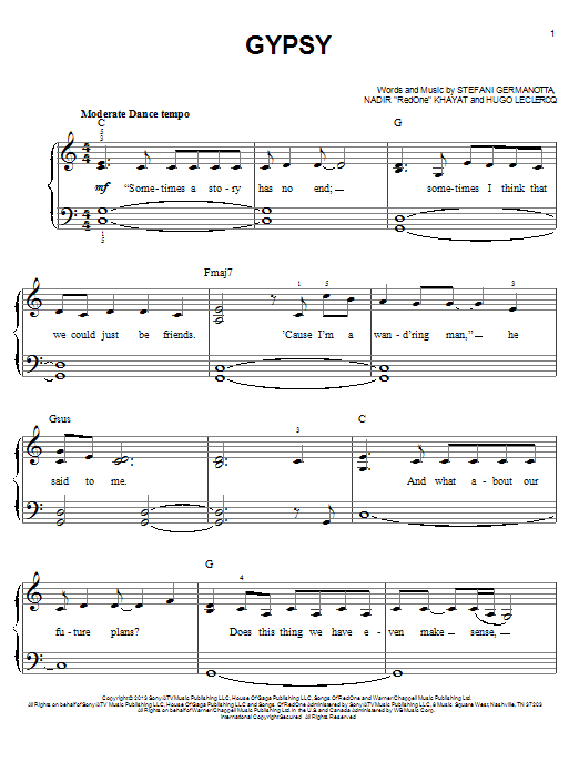 Lady Gaga Gypsy Sheet Music Notes & Chords for Easy Piano - Download or Print PDF