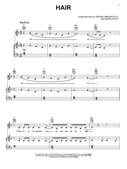 Lady Gaga Hair Sheet Music Notes & Chords for Piano, Vocal & Guitar (Right-Hand Melody) - Download or Print PDF