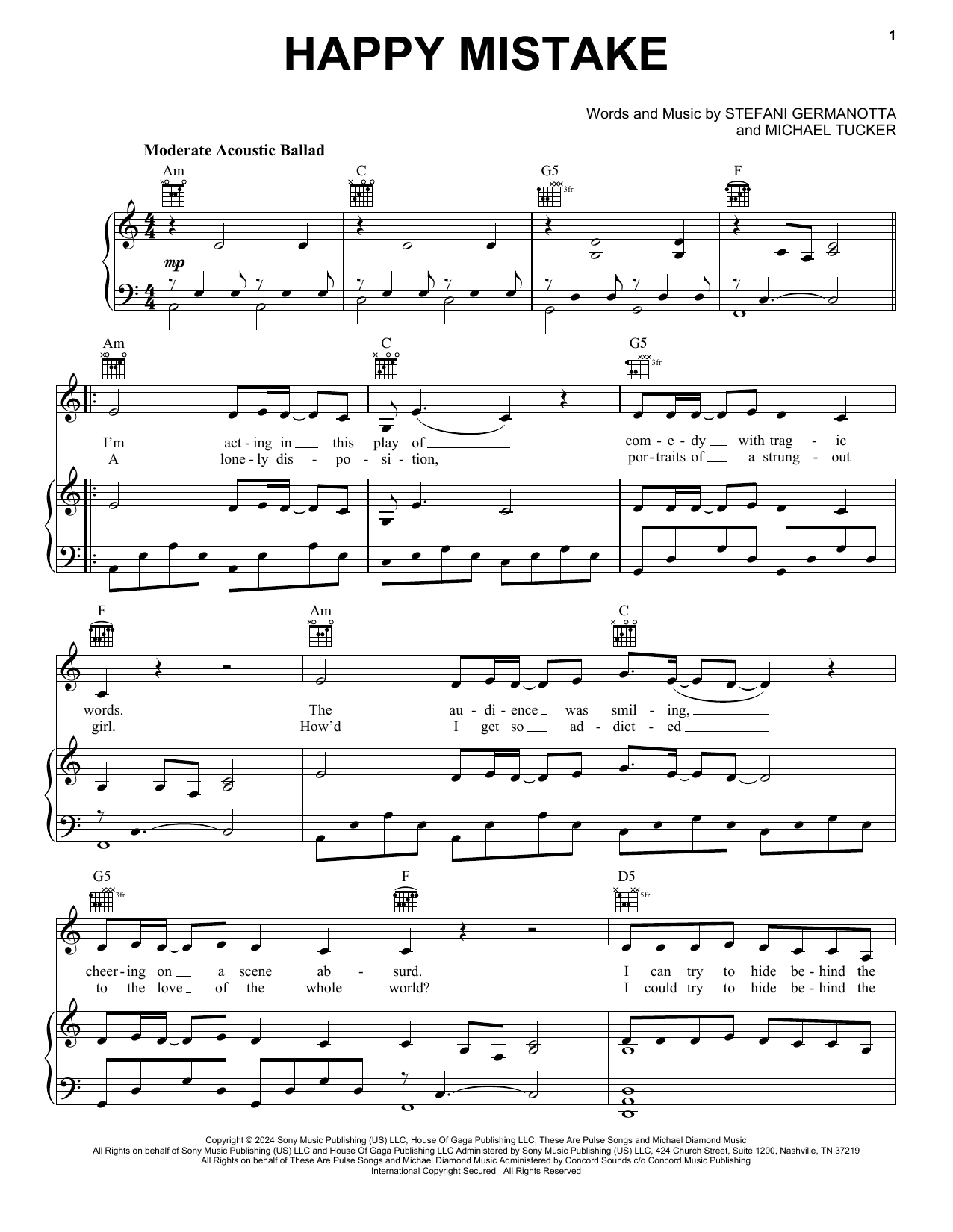 Lady Gaga Happy Mistake Sheet Music Notes & Chords for Piano, Vocal & Guitar Chords (Right-Hand Melody) - Download or Print PDF