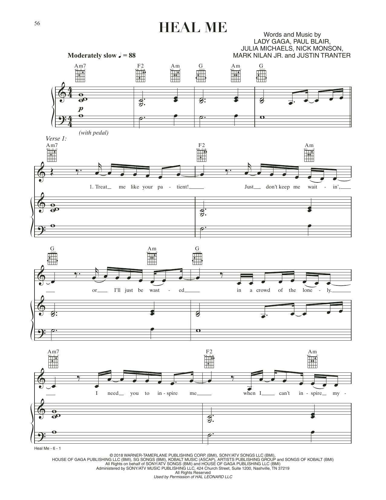 Lady Gaga Heal Me (from A Star Is Born) Sheet Music Notes & Chords for Piano, Vocal & Guitar Chords (Right-Hand Melody) - Download or Print PDF