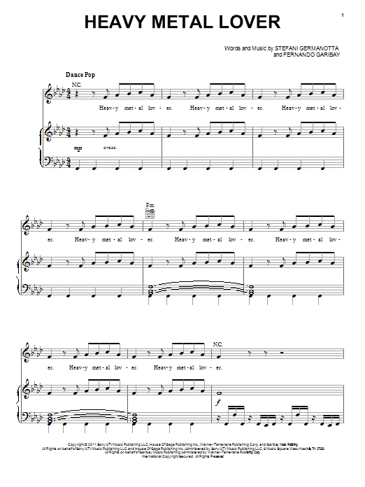 Lady Gaga Heavy Metal Lover Sheet Music Notes & Chords for Piano, Vocal & Guitar (Right-Hand Melody) - Download or Print PDF
