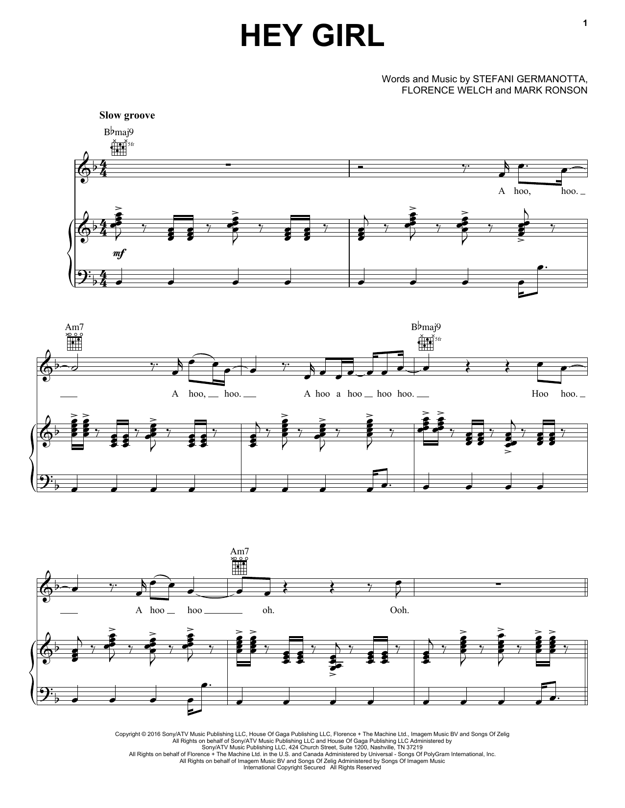 Lady Gaga Hey Girl Sheet Music Notes & Chords for Piano, Vocal & Guitar (Right-Hand Melody) - Download or Print PDF