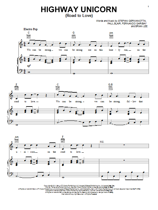 Lady Gaga Highway Unicorn (Road To Love) Sheet Music Notes & Chords for Piano, Vocal & Guitar (Right-Hand Melody) - Download or Print PDF
