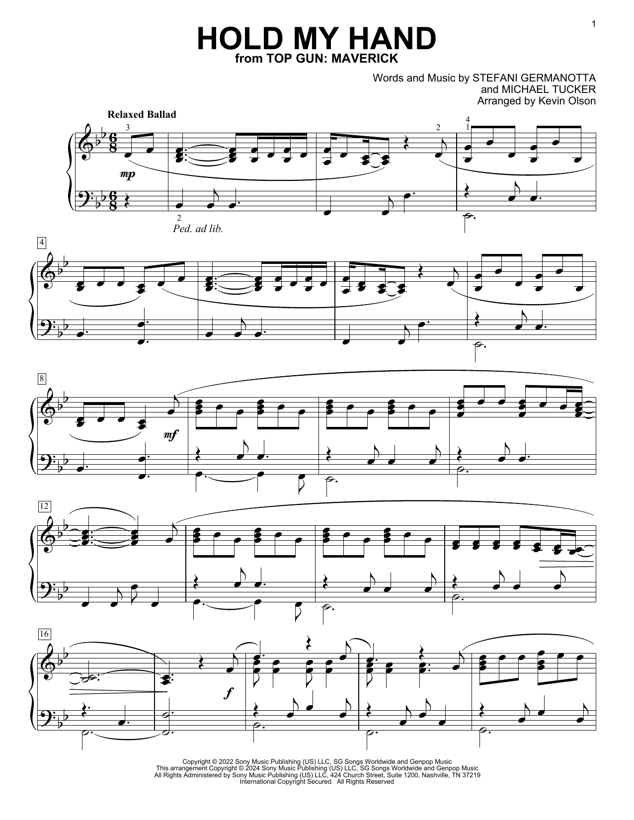 Lady Gaga Hold My Hand (from Top Gun: Maverick) (arr. Kevin Olson) Sheet Music Notes & Chords for Easy Piano Solo - Download or Print PDF
