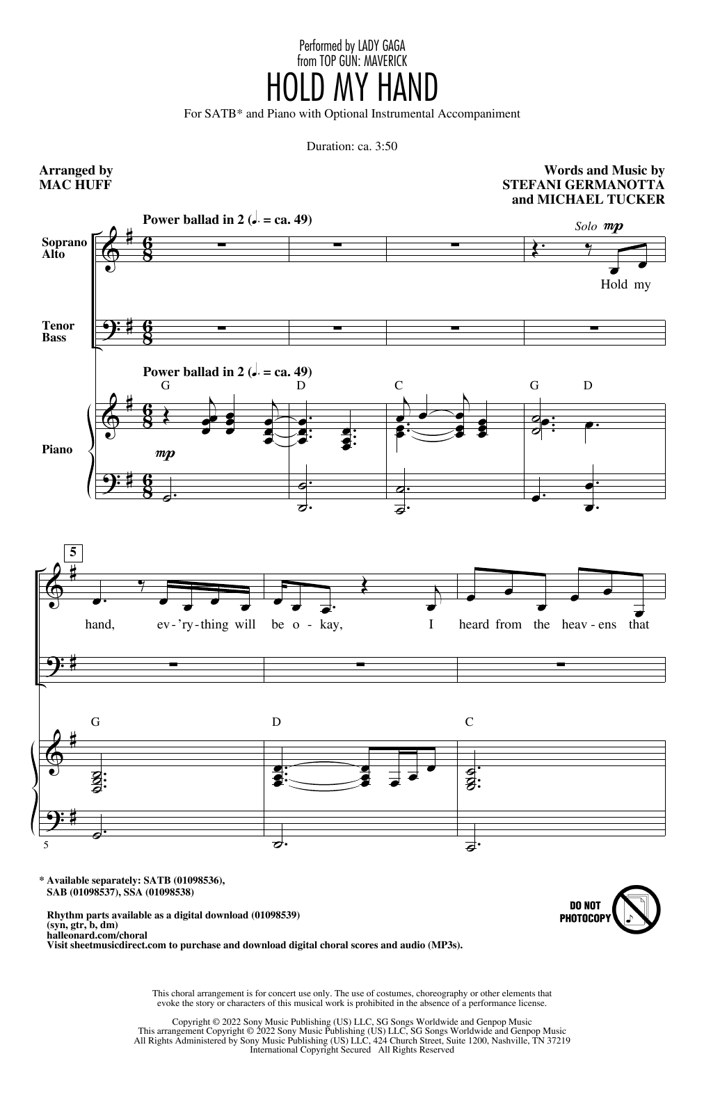 Lady Gaga Hold My Hand (from Top Gun: Maverick) (arr. Mac Huff) Sheet Music Notes & Chords for SATB Choir - Download or Print PDF