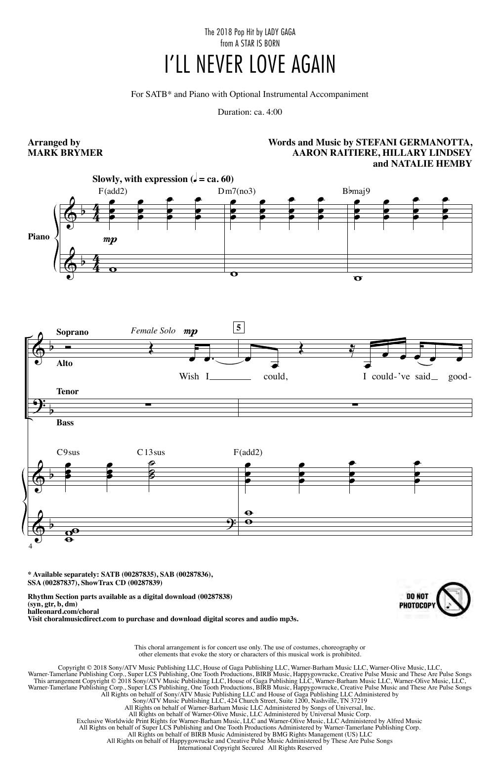 Lady Gaga I'll Never Love Again (from A Star Is Born) (arr. Mark Brymer) Sheet Music Notes & Chords for SAB Choir - Download or Print PDF