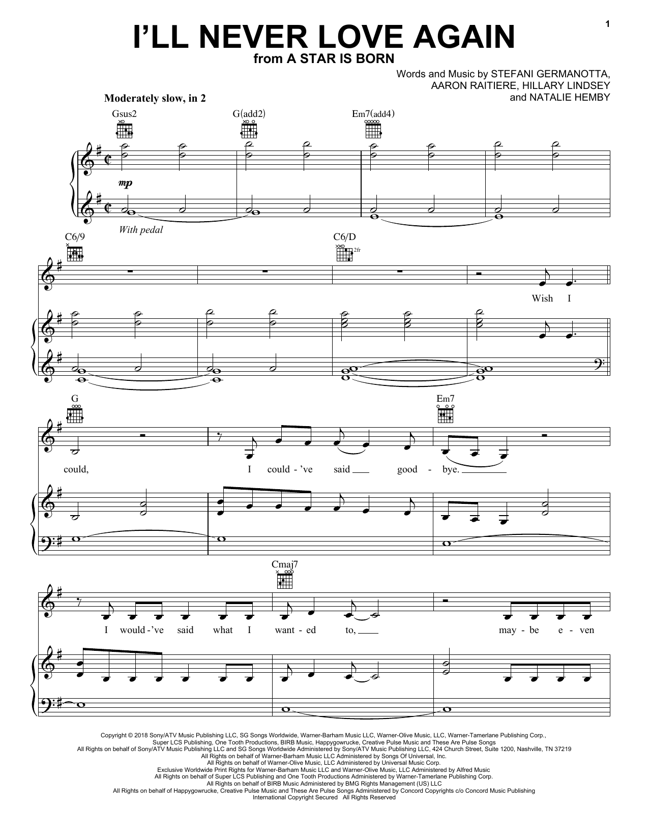 Lady Gaga I'll Never Love Again (from A Star Is Born) Sheet Music Notes & Chords for Piano, Vocal & Guitar (Right-Hand Melody) - Download or Print PDF
