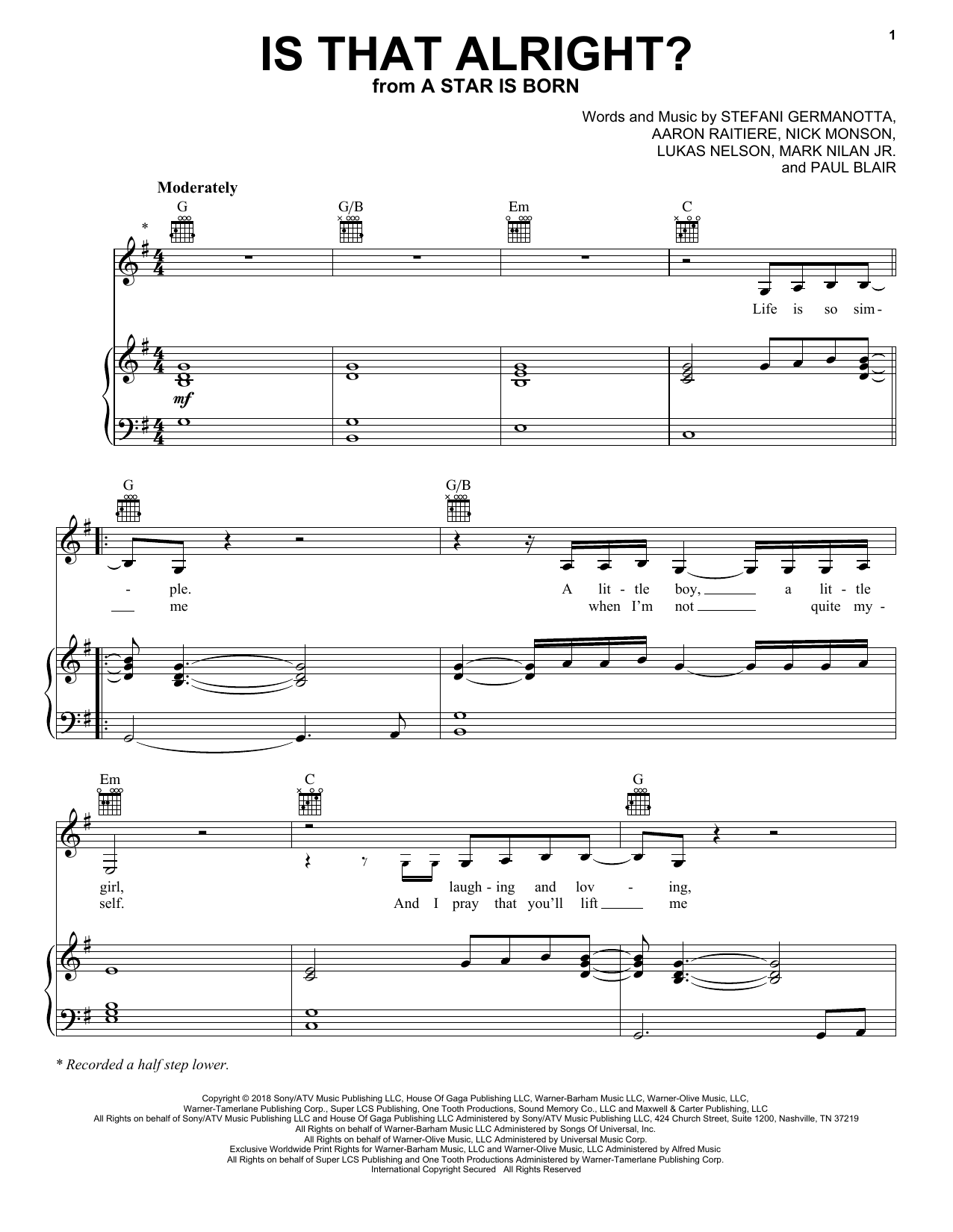 Lady Gaga Is That Alright? (from A Star Is Born) Sheet Music Notes & Chords for Piano & Vocal - Download or Print PDF
