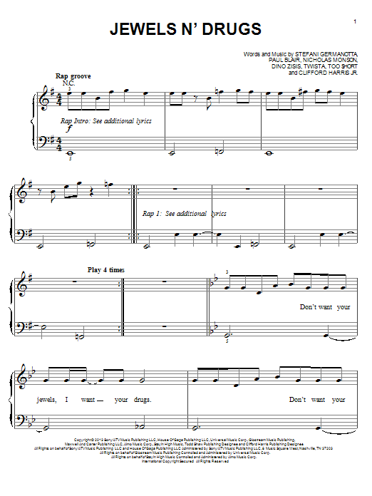 Lady Gaga Jewels N' Drugs Sheet Music Notes & Chords for Piano, Vocal & Guitar (Right-Hand Melody) - Download or Print PDF