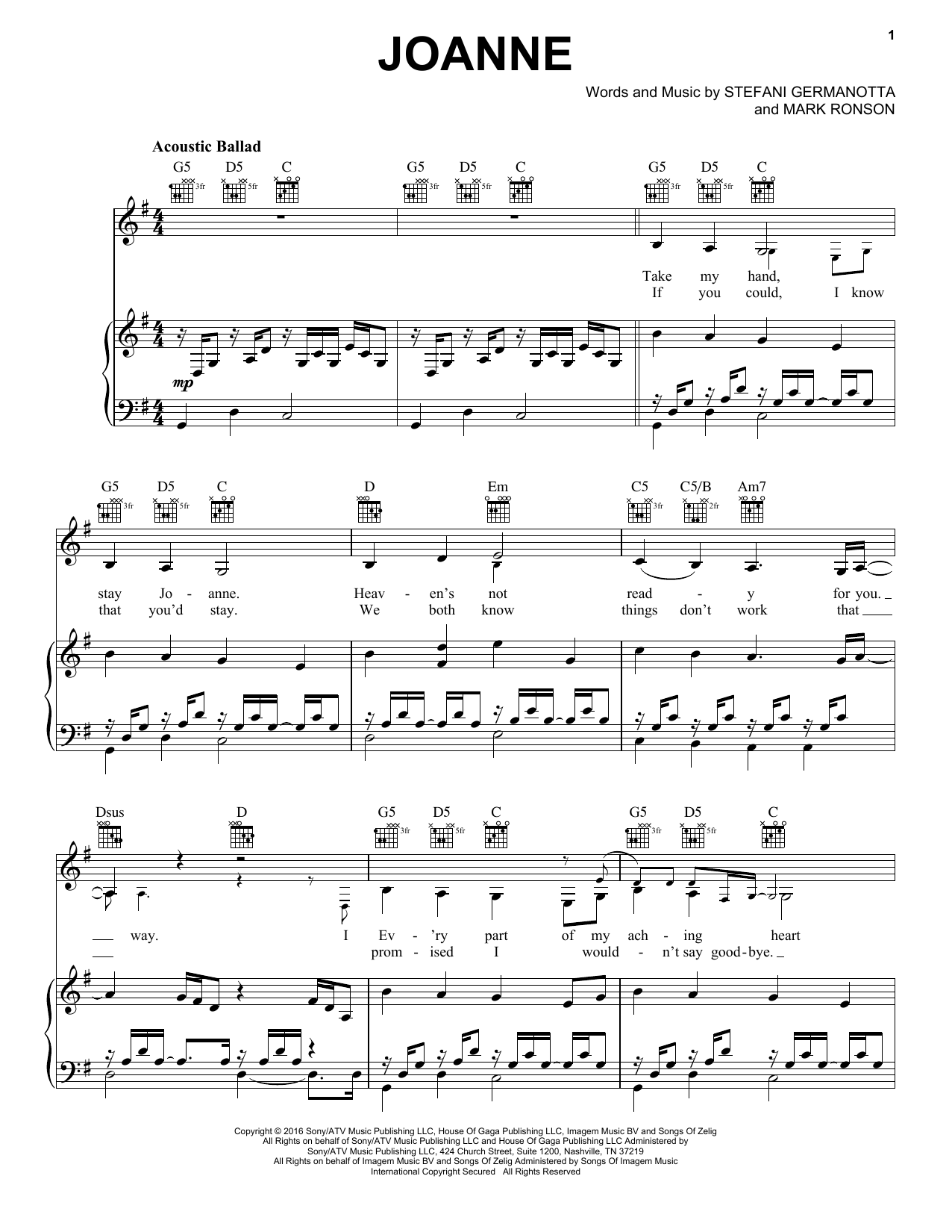 Lady Gaga Joanne Sheet Music Notes & Chords for Piano, Vocal & Guitar (Right-Hand Melody) - Download or Print PDF