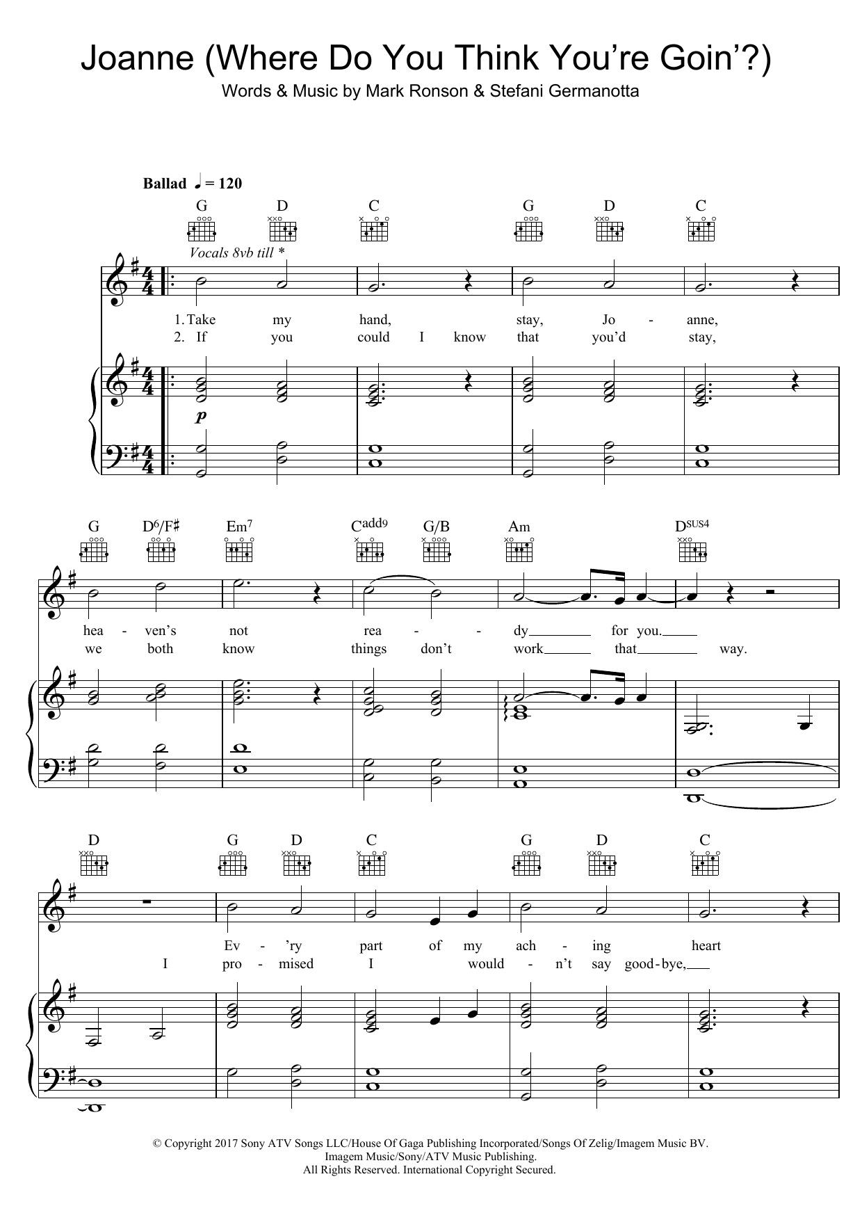 Lady Gaga Joanne (Where Do You Think You're Goin'?) (piano version) Sheet Music Notes & Chords for Piano, Vocal & Guitar (Right-Hand Melody) - Download or Print PDF