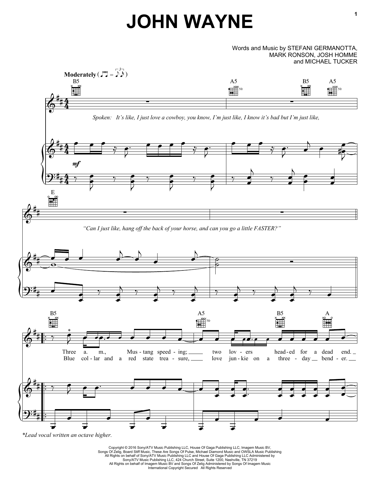 Lady Gaga John Wayne Sheet Music Notes & Chords for Piano, Vocal & Guitar (Right-Hand Melody) - Download or Print PDF