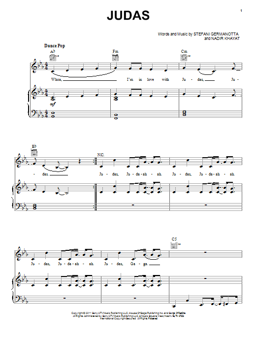 Lady Gaga Judas Sheet Music Notes & Chords for Piano, Vocal & Guitar (Right-Hand Melody) - Download or Print PDF