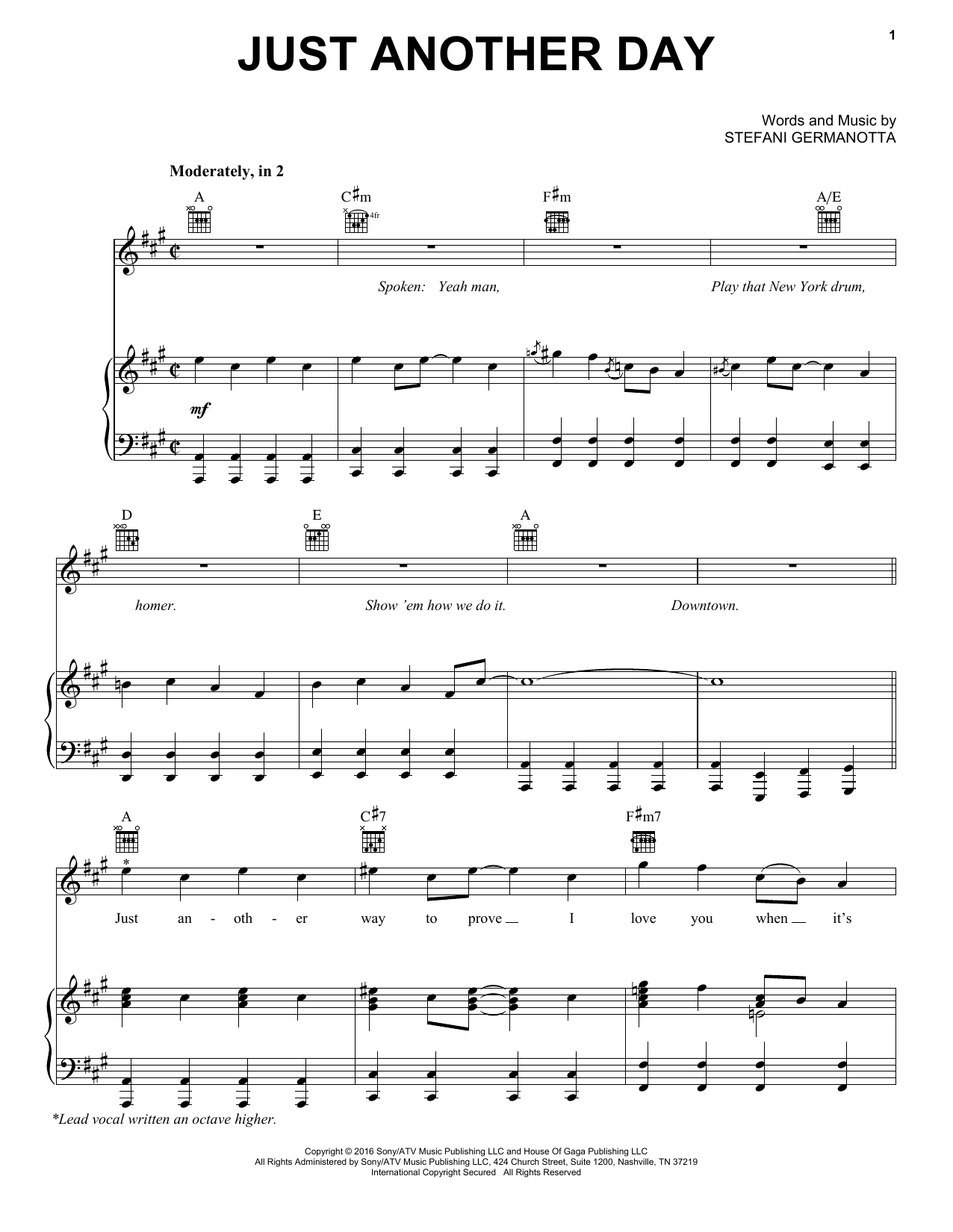 Lady Gaga Just Another Day Sheet Music Notes & Chords for Piano, Vocal & Guitar (Right-Hand Melody) - Download or Print PDF