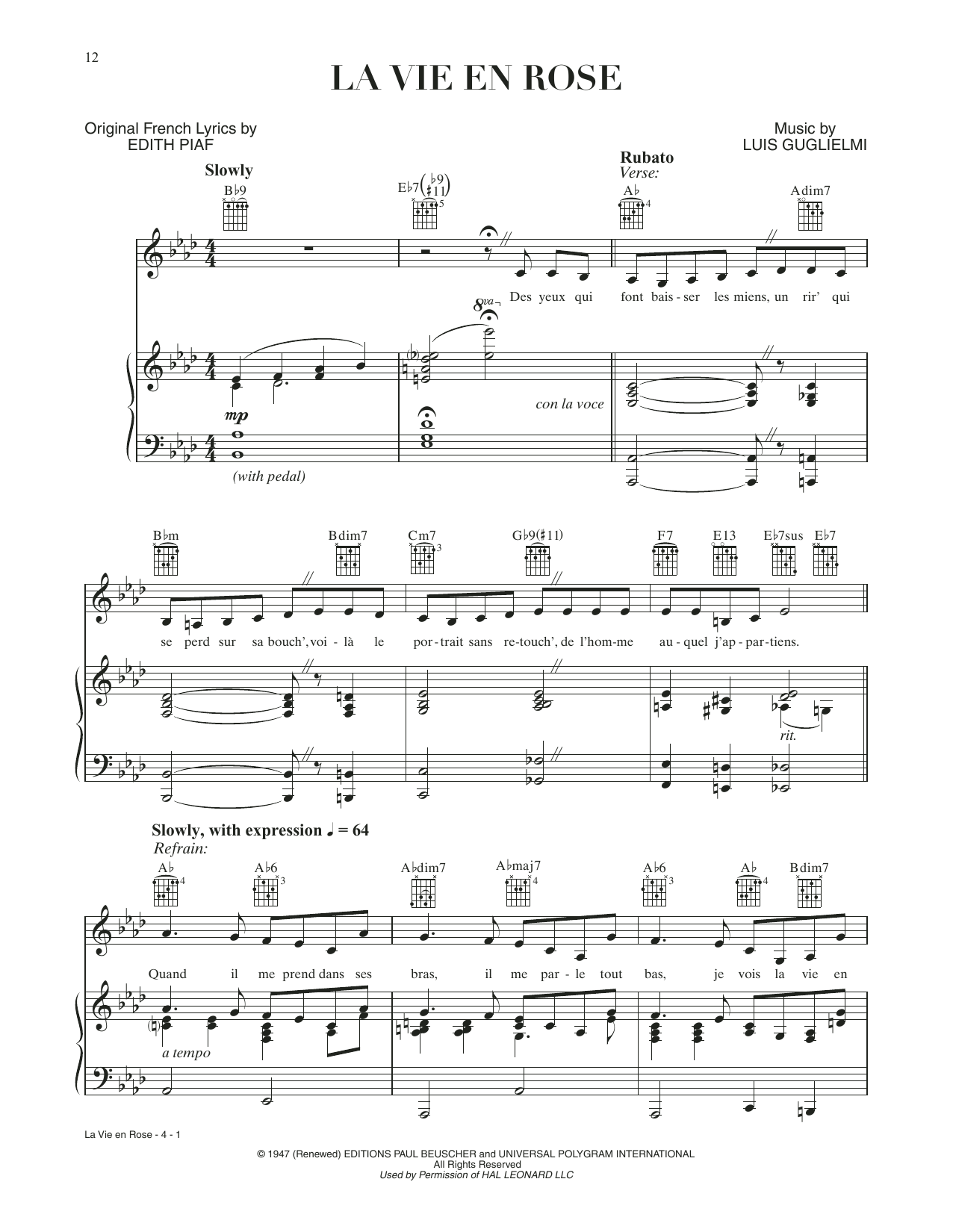 Lady Gaga La Vie En Rose (from A Star Is Born) Sheet Music Notes & Chords for Piano, Vocal & Guitar Chords (Right-Hand Melody) - Download or Print PDF