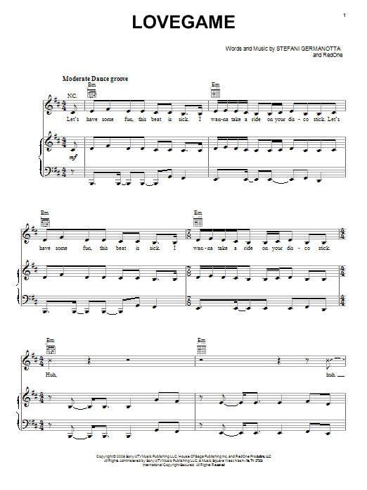 Lady Gaga Lovegame Sheet Music Notes & Chords for Piano, Vocal & Guitar (Right-Hand Melody) - Download or Print PDF