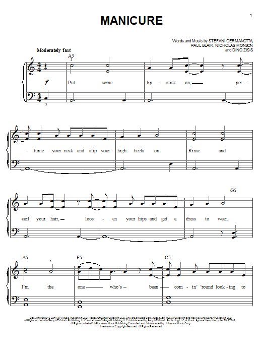 Lady Gaga Manicure Sheet Music Notes & Chords for Easy Piano - Download or Print PDF