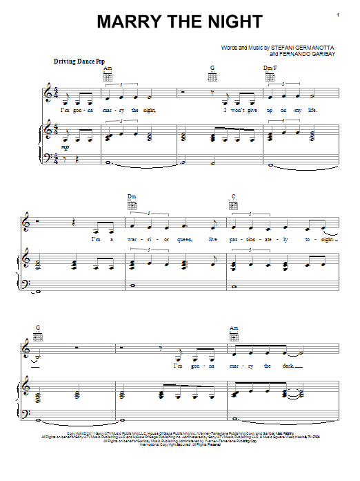 Lady Gaga Marry The Night Sheet Music Notes & Chords for Piano, Vocal & Guitar (Right-Hand Melody) - Download or Print PDF
