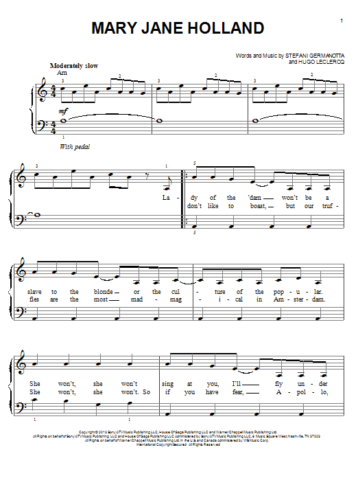 Lady Gaga Mary Jane Holland Sheet Music Notes & Chords for Easy Piano - Download or Print PDF