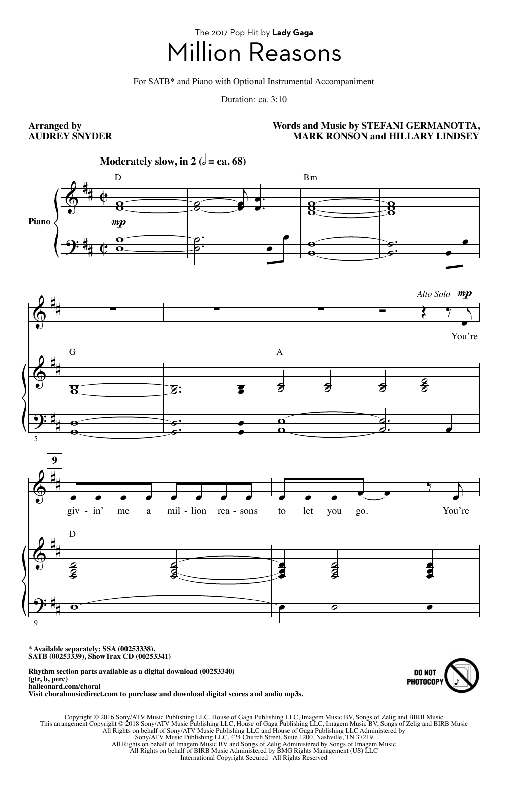 Lady Gaga Million Reasons (arr. Audrey Snyder) Sheet Music Notes & Chords for SATB - Download or Print PDF