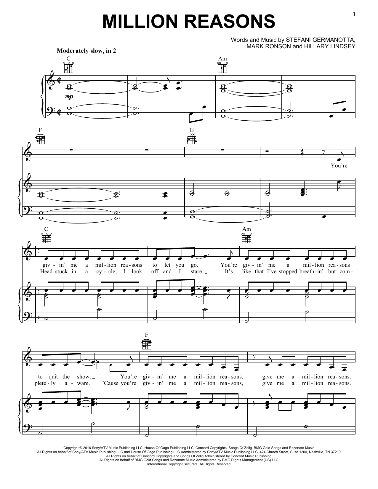 Lady Gaga Million Reasons Sheet Music Notes & Chords for Piano, Vocal & Guitar (Right-Hand Melody) - Download or Print PDF
