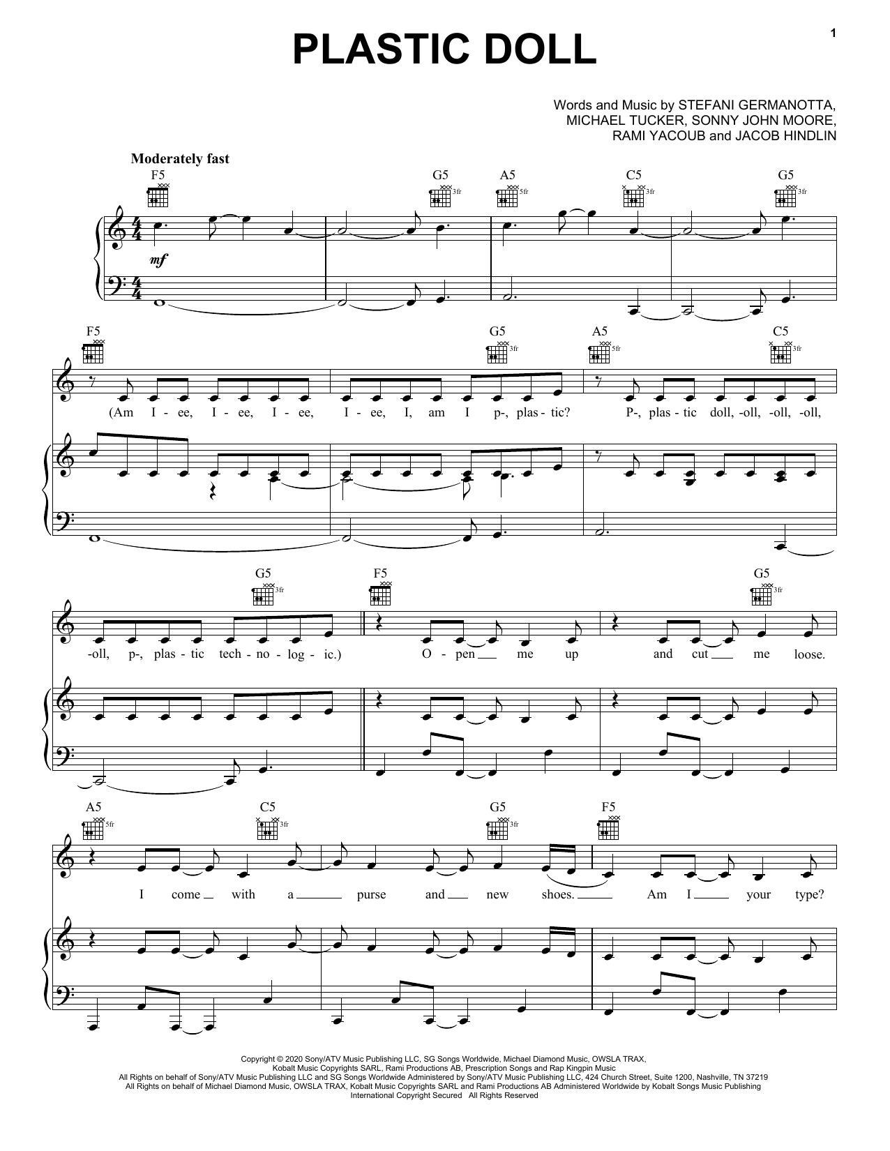 Lady Gaga Plastic Doll Sheet Music Notes & Chords for Piano, Vocal & Guitar (Right-Hand Melody) - Download or Print PDF