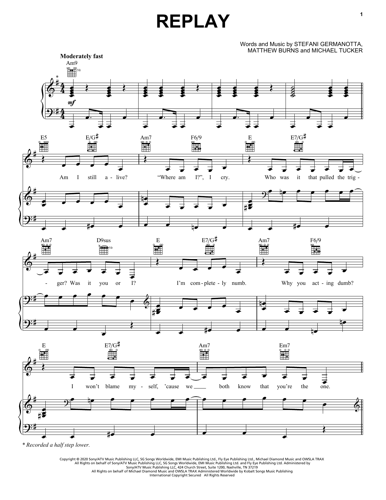 Lady Gaga Replay Sheet Music Notes & Chords for Piano, Vocal & Guitar (Right-Hand Melody) - Download or Print PDF