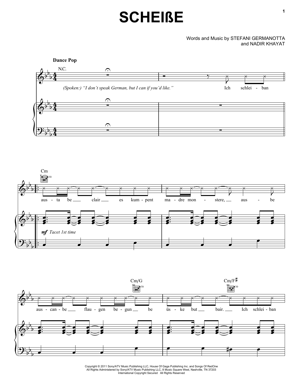 Lady Gaga Scheibe Sheet Music Notes & Chords for Piano, Vocal & Guitar (Right-Hand Melody) - Download or Print PDF