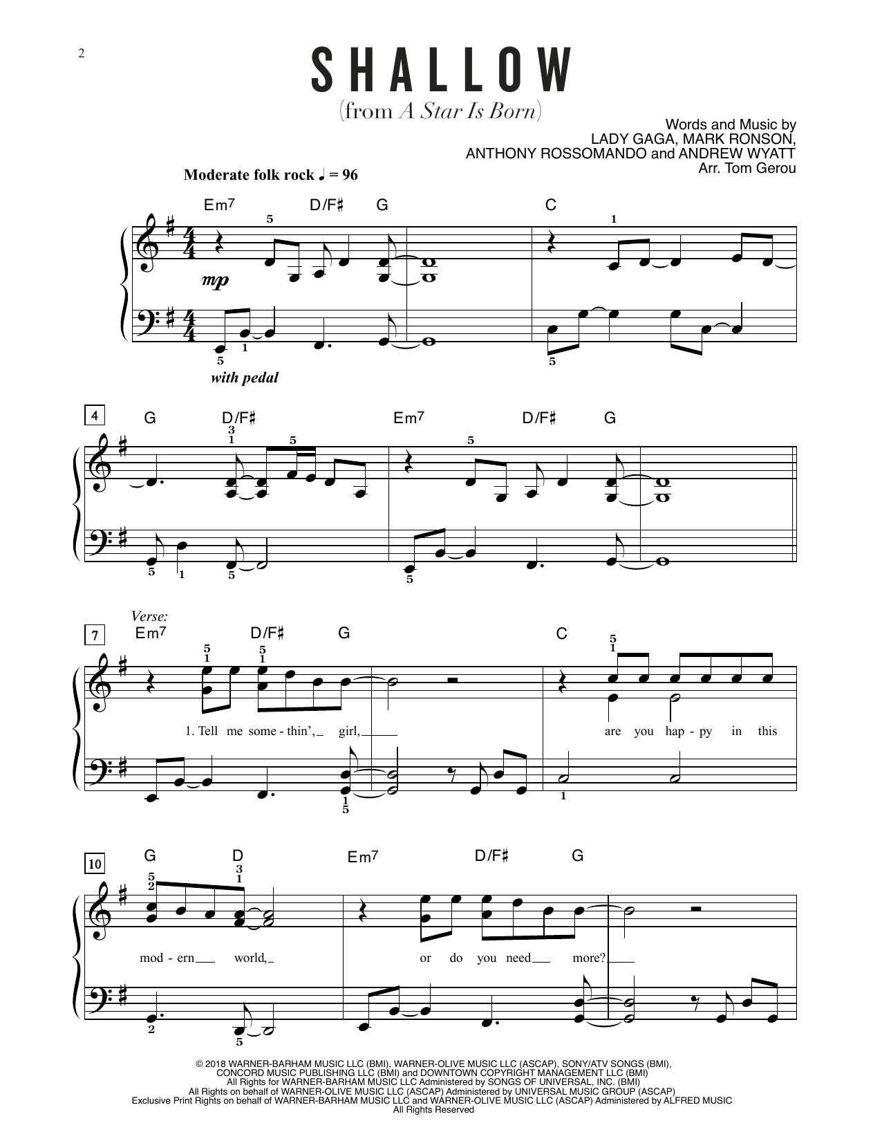 Lady Gaga Shallow (from A Star Is Born) (arr. Tom Gerou) Sheet Music Notes & Chords for Big Note Piano - Download or Print PDF