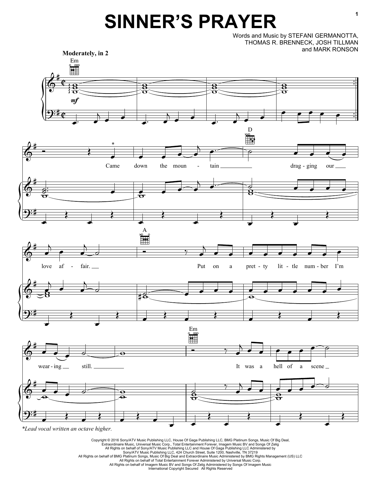 Lady Gaga Sinner's Prayer Sheet Music Notes & Chords for Piano, Vocal & Guitar (Right-Hand Melody) - Download or Print PDF