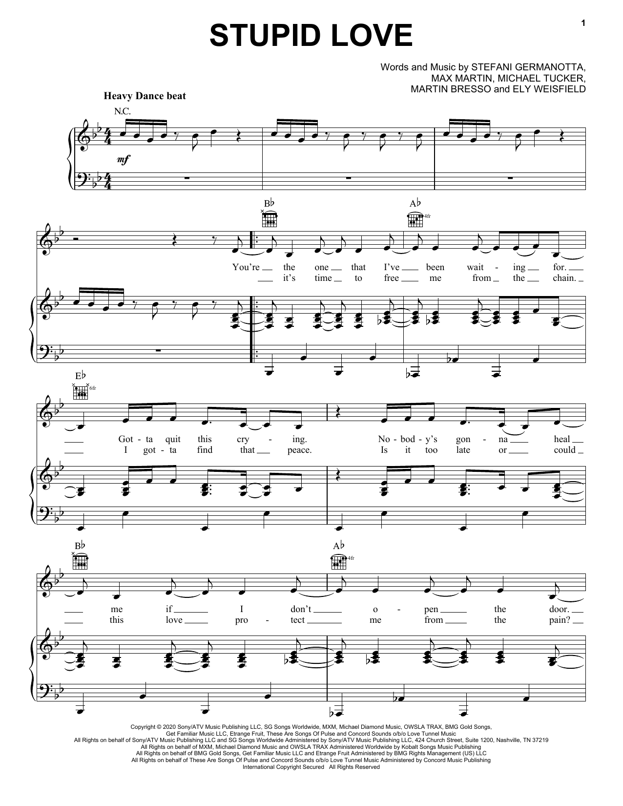 Lady Gaga Stupid Love Sheet Music Notes & Chords for Piano, Vocal & Guitar (Right-Hand Melody) - Download or Print PDF