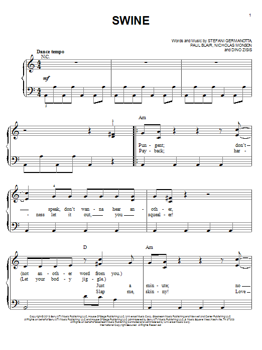 Lady Gaga Swine Sheet Music Notes & Chords for Easy Piano - Download or Print PDF